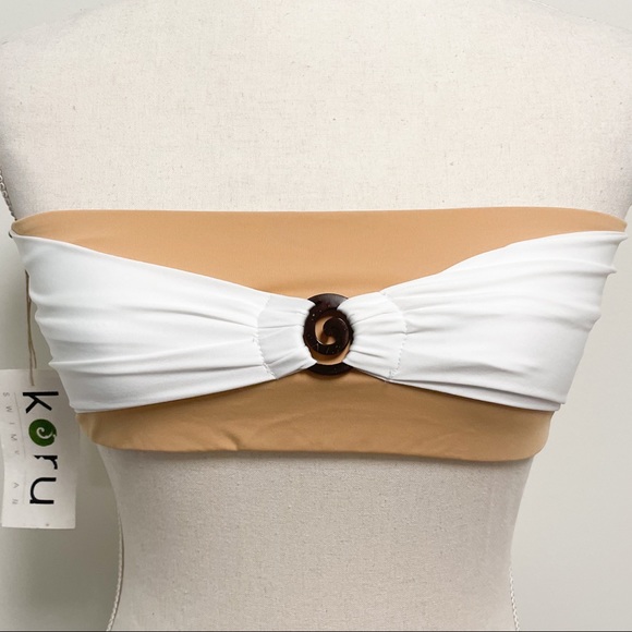 Koru Swimwear Tan Nude White Bandeau Bikini Top NWT Medium No Padding Swirl Bow - Picture 2 of 12